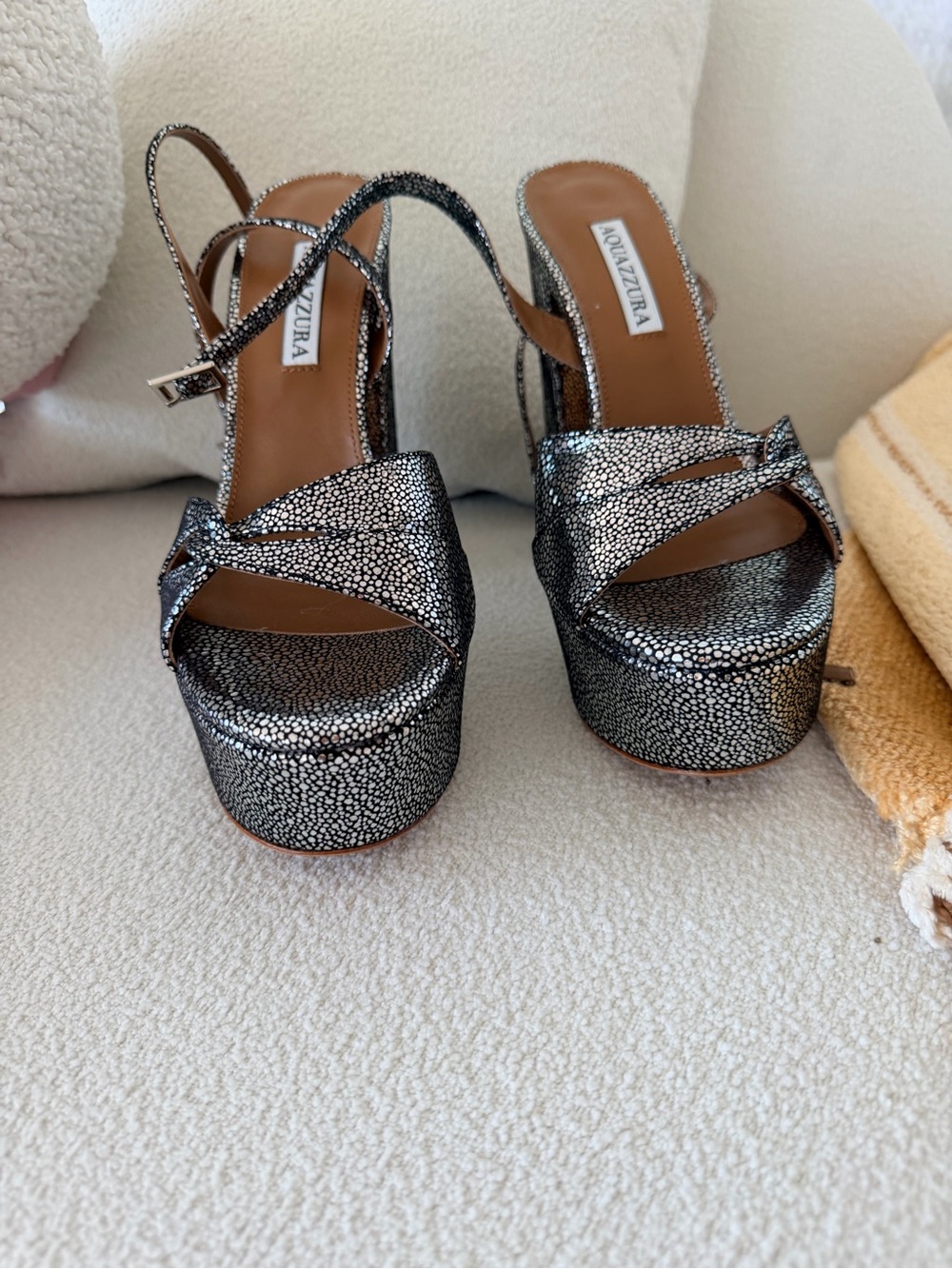 Aquazzura Silver Pebbled Metallic Platform Slingback Sandals